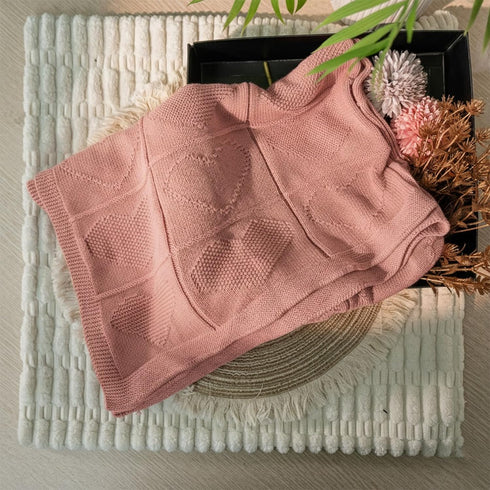 Cozy 36x28 Baby Knit Cotton Blanket Rose Pink Heart Design Stroller Crib Throw Soft Nursery Gift Baby Shower Birthday