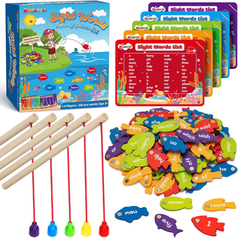 Wooden Magnetic Sight Word Fishing Game - Alphabet Puzzle for Toddlers Age 3-6 - Educational Homeschool Toy