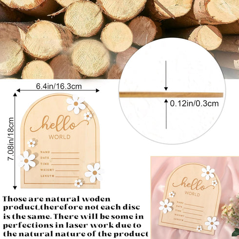 Wooden Hello World for Baby Showers - Newborn Birth Announcement Board,Daisy Wooden Baby Milestone Card,Welcome Baby