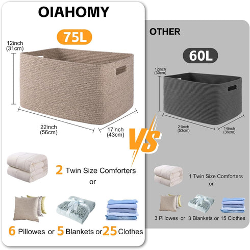 75L 22x17x12 OIAHOMY Large Woven Cotton Rope Storage Basket with Handle for Organizing Blanket and Toys for Living