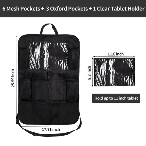Ecurfu Backseat Car Organizer with 10 Compartments, 10 Inch Tablet Holder, Waterproof Storage Bag for Kids Cars (Black)