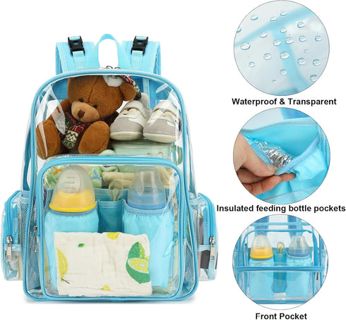 Yusudan Backpack Clear Diaper Bag for Baby Girls Boys, Mom Nappy Changing Bags for Women (Light Blue)