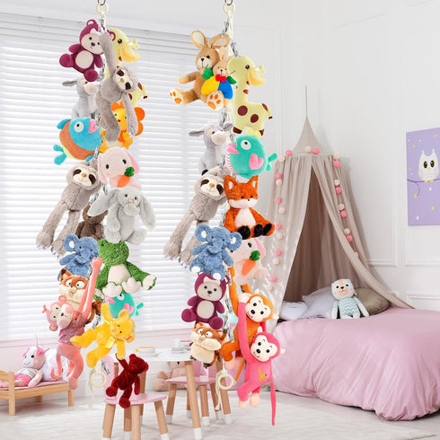 2pcs Stuffed Animal Storage Chain - Boho Stuffed Animal Hammock with 40pcs Metal Clips, Hanging Storage for Kids