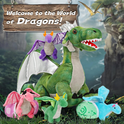 7Pcs Dragon Plush Toy Set, Dinosaur Stuffed Animals with 4 Baby Dragons & 2 Eggs, Birthday Gift for Kids