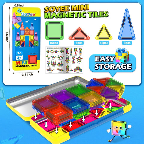 3 4 5 6 7 8+ Soyee Mini Magnetic Tiles Travel Toddler Toys with Metal Tin Portable STEM Building Kids Toys for Years