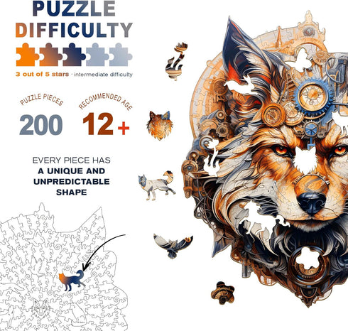 '-148pcs 11.4 9.4in Wooden Puzzles for Adults - Mechanical Gearwolf Wooden Jigsaw Puzzle - Unique Animal Shaped Wood