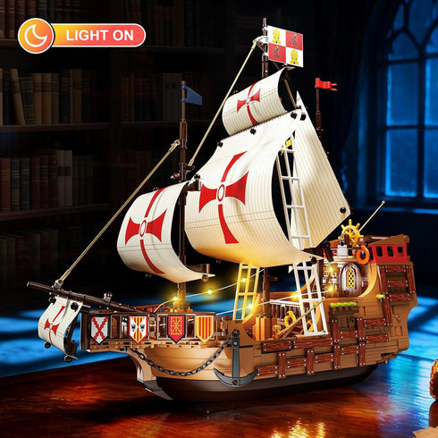 Set 2 1 1253 12+ HiWEEGO Santa Maria Ship Building with LED Lights, in Pirate Ship House Wharf Building Block Kit, PCS