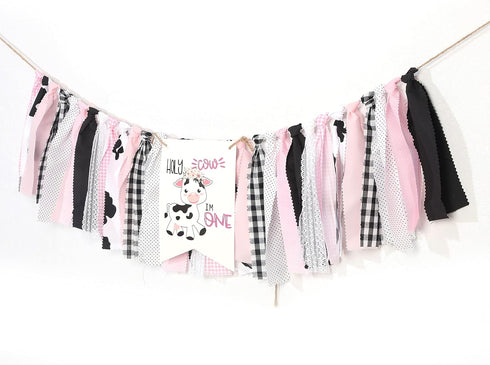 1st Holy Cow I'm One Birthday High Chair Banner, Farm Themed, Pink, Adjustable Size