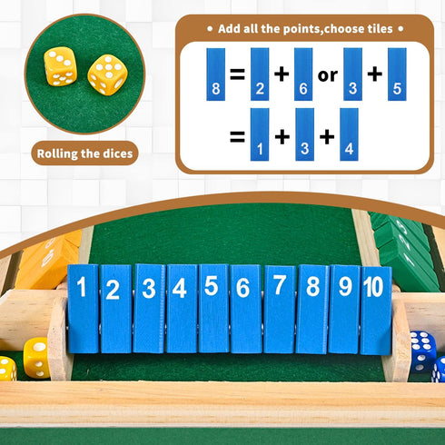 Shut The Box Dice Game for 1-4 Players - Traditional Wooden Pub Bar Board Game with 10 Numbers for Kids and Adults