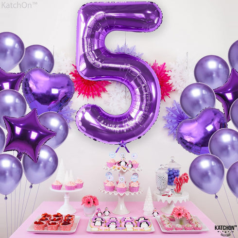 KatchOn Giant Purple 5 Balloon Number - 40 Inch Mylar Purple Number 5 Balloon for Birthday Decorations