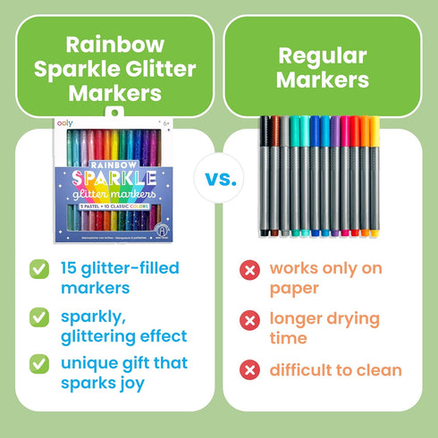 Set 15, 5 10 2mm PACK Ooly Rainbow Sparkle Glitter Markers of Includes Pastel & Classic Color Markers, Glittery