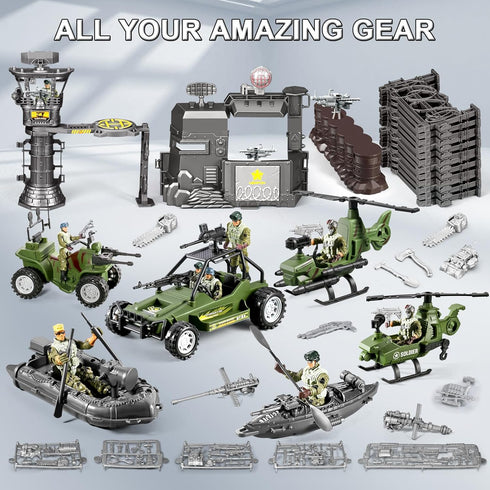 JASSKKBO 87-in-1 Sets 4-7 8-12 Army Men Toys for Boys , Military Base/Truck/Helicopter/Kayak Boat/Motorcycle/Army Men