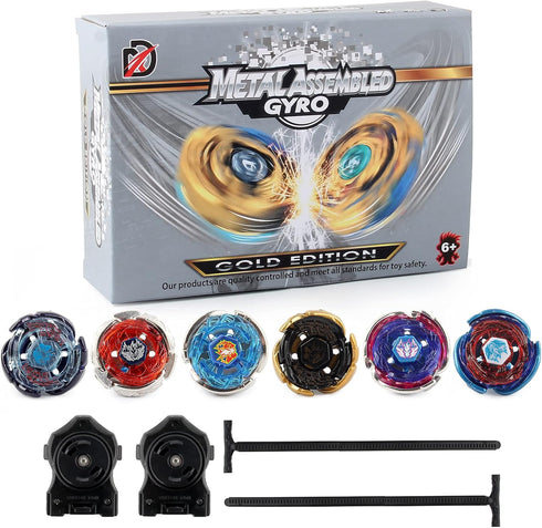 Gyros 6 Pieces Pack, Battling Tops Metal Fusion Starter Set with Stickers and Two Launchers for Kids Age 6+
