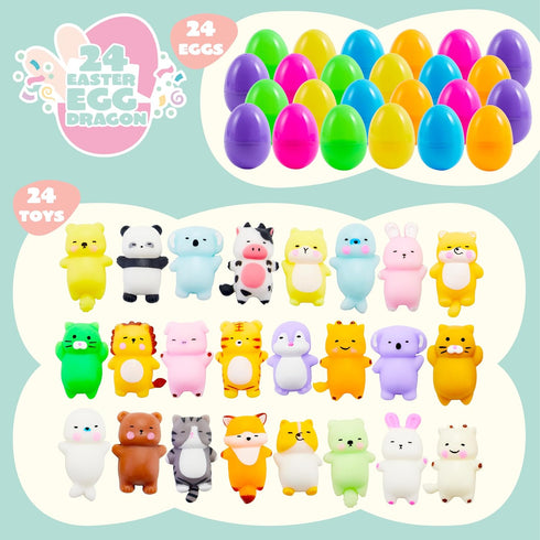 24 JOYIN Pcs Easter Prefilled Eggs with Mochi Squishy Toys, Lovely Animal Stress Reliever Squishy Toy for Easter Theme