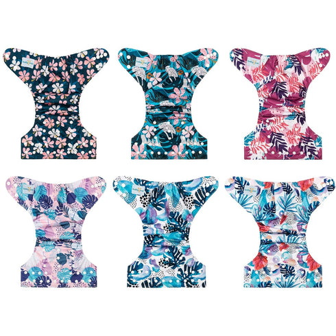 6 Pack 10pcs 6FG30 babygoal Reusable Cloth Diapers with Inserts, One Size Adjustable Washable Pocket Nappy Covers