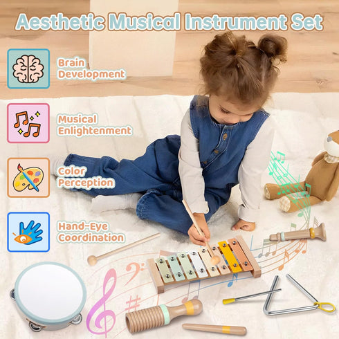 Baby Musical Instruments - Montessori Wooden Percussion Set for Toddlers 1-3, Modern Boho Xylophone Gifts
