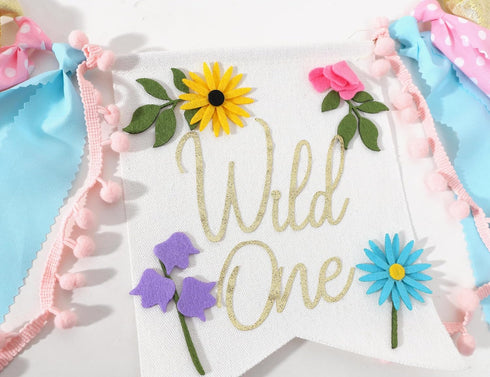 LINLULU 1st Wild flower High Chair Banner - Girls WildOne Birthday Decoration, Floral Theme Highchair Banner, Our