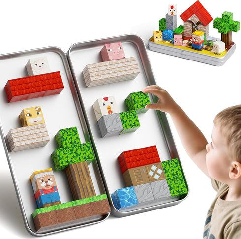 35PCS 4-8, Mini Magnetic Blocks Farm Animals Travel Toys, Portable STEM Magnetic Building Cubes with Metal Storage Box