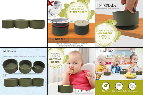 Stay Put 3pcs Suction Snack Cups for Babies and Toddlers, Dishwasher and Microwave Safe, Olive Green