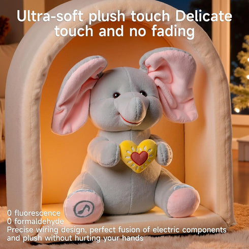eJog Pup Peek a Boo Elephant Toy, Interactive Singing Plush Elephant Toy with Flapping Ears and Hearts, Musical Stuffed
