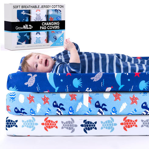 GROW WILD 3 Pack Changing Pad Cover | Soft & Stretchy Jersey Cotton | Diaper Changing Pad Covers for Boys and Girls