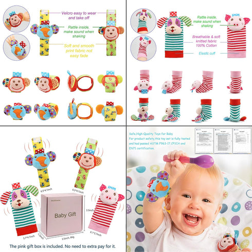 Infant Rattle Toys 0-3 Years, Baby Wrist Rattle Foot Finder Socks Set, Gift Box for Newborn Boys and Girls