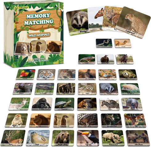 gisgfim 50 Pairs Memory Matching Game - Wild Animals Concentration Memory Card Matching Games.
