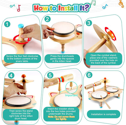 Set 6-in-1 13, Set WINGYZ Kids Drum Wooden Musical Instruments for Toddlers Montessori Baby Music with Drums, Cymbal