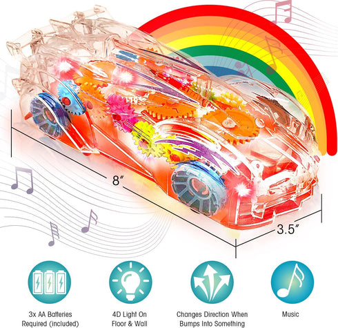 Light Up Transparent Gear Racer Toy Car - Bump and Go with Colorful Gears, Music & LED Effects for Kids 3+
