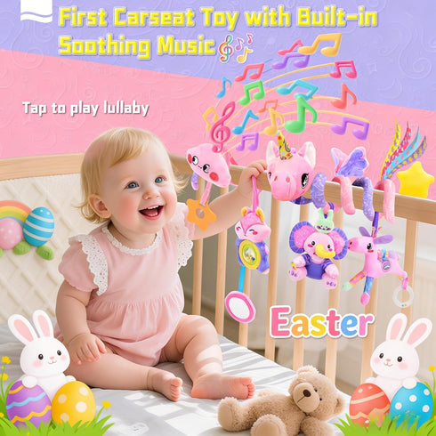 0-12 5-in-1 Musical Car Seat Toy for Babies Months Girl, Sensory Activity Hanging Toy Stroller Toy with Soothing Music