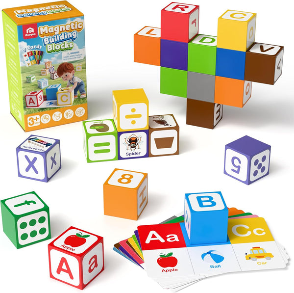 Coogam Magnetic Alphabet Blocks for Learning Numbers, Letters, Shapes, Magnet Construction Game