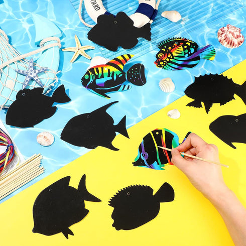 Motionchic 80 Pieces Tropical Fish Scratch Card for Kids, Rainbow Ocean Fish Paper Crafts for Summer Party DIY
