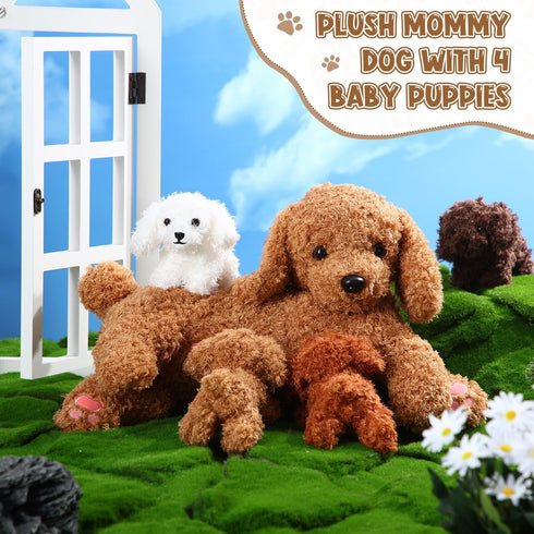 Honoson Nurturing Dog Stuffed Animal with Puppies Set, Nursing Mommy Dog Plush with 4 Baby Puppies, Gifts