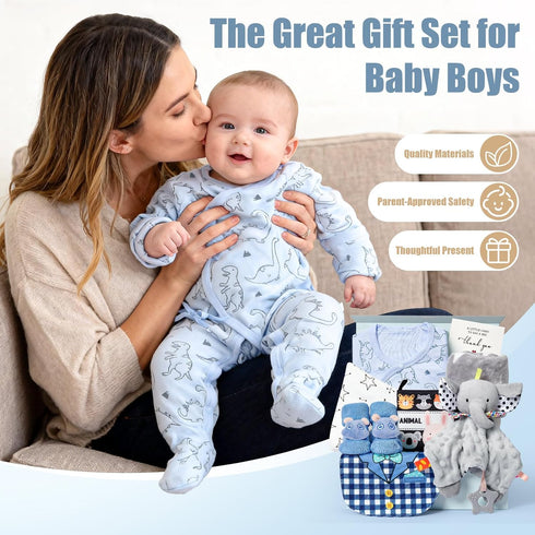 9pcs Golray Baby Shower Gifts for Boys Newborn Kit, Blanket/Elephant Soothe/Fabric Book/Bodysuit/Bib/Sock/Hat/Greeting