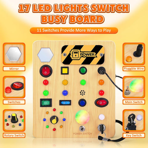 TINTECUSA Busy Board with LED Light, Wooden Sensory Toys for Toddler, Montessori Music Toy for Airplane, Travel