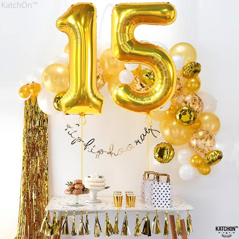 KatchOn Giant Gold Number 15 Balloons - 40 Inch Foil 15 Balloons for Birthday Party & Anniversary Decorations