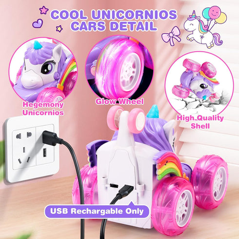360Rotating 4WD 2.4GHz 3 4 5 6+ Unicorn Remote Control Car for Girls, Stunt RC Cars for Boys with Lights, Rechargeable