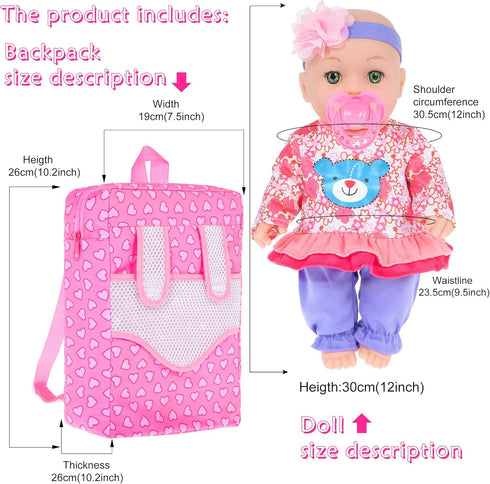 12 inch 3 Sets Clothes,Backpack,Pacifier, ebuddy Baby Doll and Accessories-Reborn Baby Dolls Real Life Baby Dolls