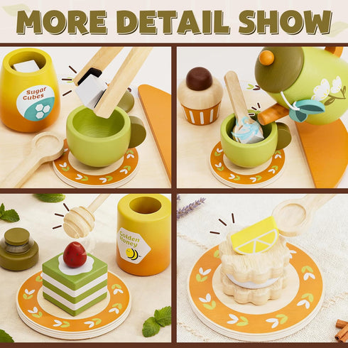Sets 3-5, Set Wooden Tea for Toddlers Pretend Play Tea Party for Girls & Boys, Kids Birthday Gift