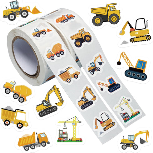 KOPTOP 1000PCS Construction Vehicle Stickers Roll, 2 Rolls 10 Styles Self-Adhesive Stickers for