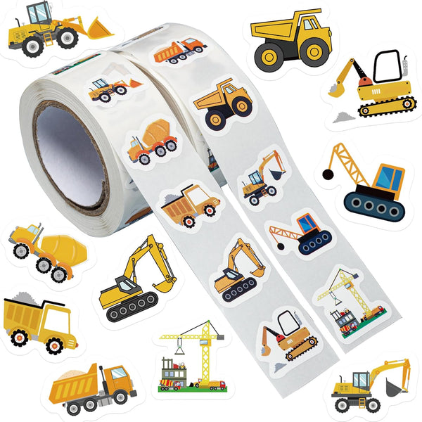 KOPTOP 1000PCS Construction Vehicle Stickers Roll, 2 Rolls 10 Styles Self-Adhesive Stickers for