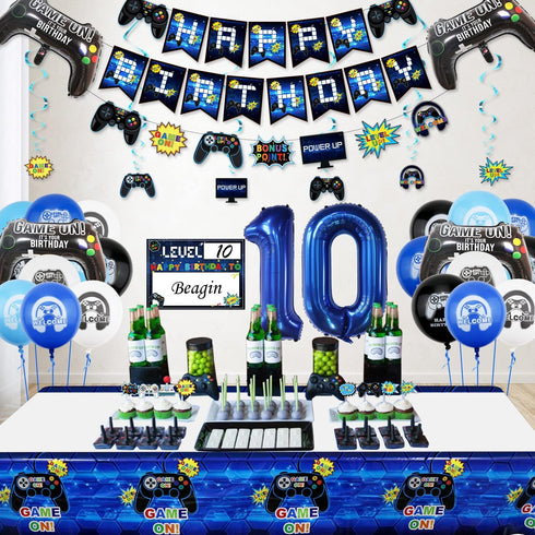 Video Game Party Decorations: 10th Birthday Supplies with HAPPY BIRTHDAY Banner & Gaming Balloons