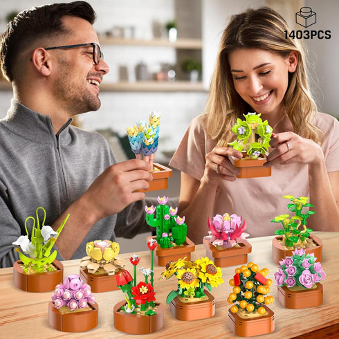 12 Flowers Succulents Mini Building Set, 1403PCS Botanical Collection for Home Décor, Creative Building Project for