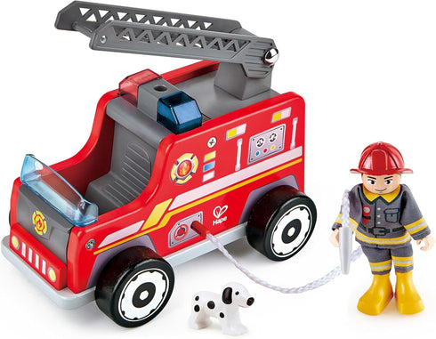 Hape Fire Truck Playset| Wooden Fire Engine Toy with Action Figure &