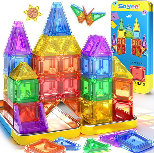 Soyee Mini Magnetic Tiles Travel Toddler Toys with Metal Tin Portable STEM