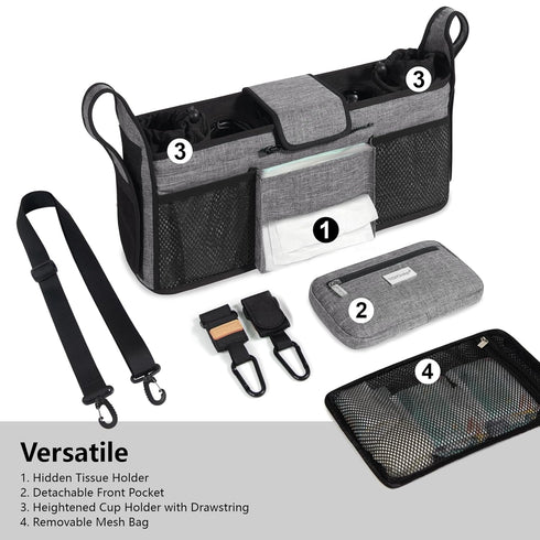TOPDesign Universal Baby Stroller Organizer, Double Stroller Caddy with Detachable Mesh Bag & Heightened Insulated Cup