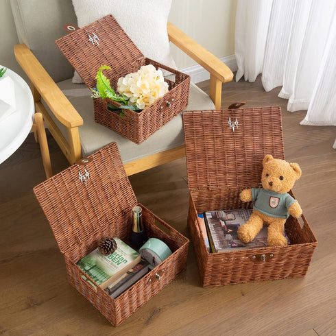 Set of 3 Woven Wicker Storage Baskets with Lid & Lock, Multifunctional Organizer for Nursery, Baby, Clothes