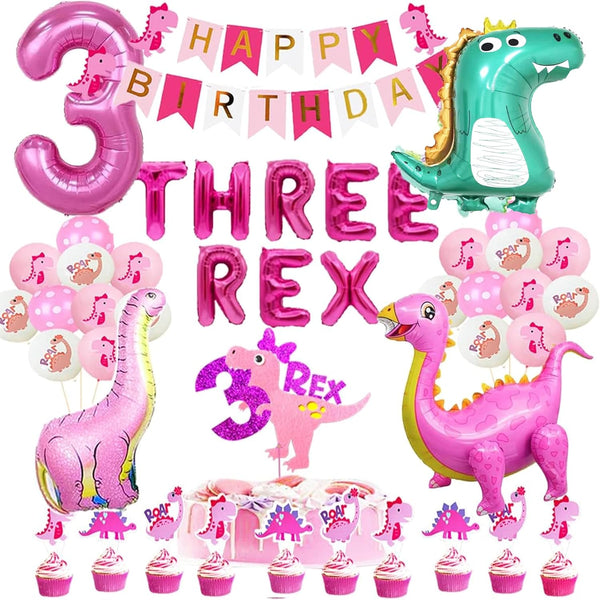Dino-Rex Baby Girl 3rd Birthday Party Decorations - Pink Dinosaur Supplies for Celebrations