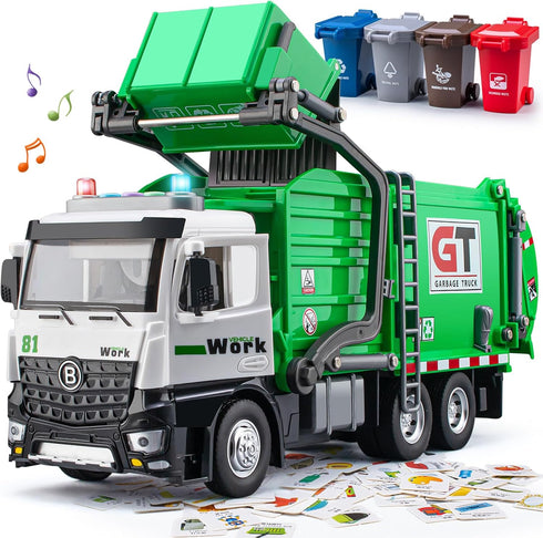 TAKGUD Garbage Truck Toys for Boys, 12" Big Trash Truck with Lights and