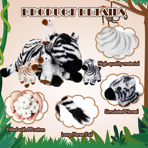 Hollowfly 5 Set 12.6" Mommy 4 Pcs Zebra Plush Toy Gift Zebra with Cute Babies Stuffed Animal in Zippered Belly